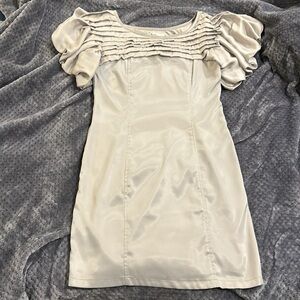 PC on trend gorgeous silver metallic satin dress